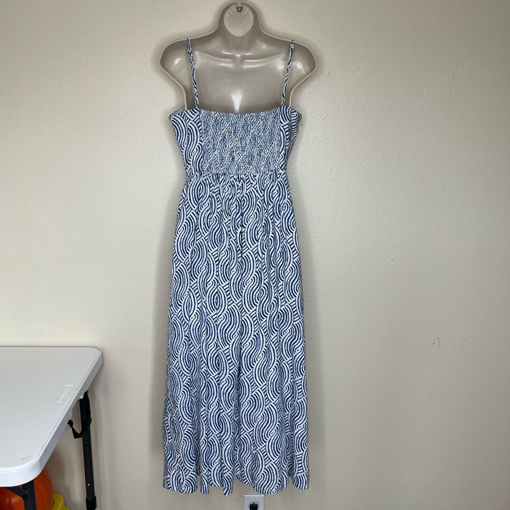 H&M Linen Blend Blue White Spaghetti Strap Midi Sundress Smocked Women Small - Picture 6 of 15